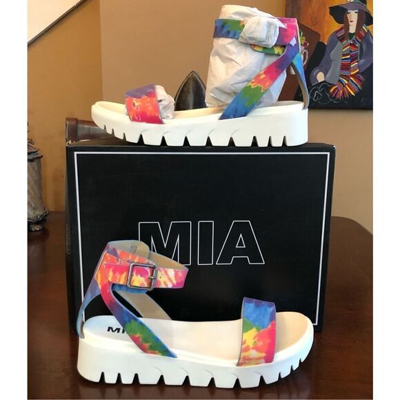 MIA - NWT - L Sz 8 "Madi" Tie-Dye Platform Sandal in Rainbow Colors & White Sole - Picture 3 of 13